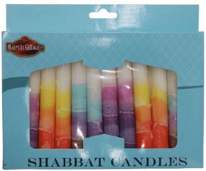 Picture of Dripless Shabbos Candles Handcrafted Multi Color Stripe Design White Mix 5.5" 12 Count